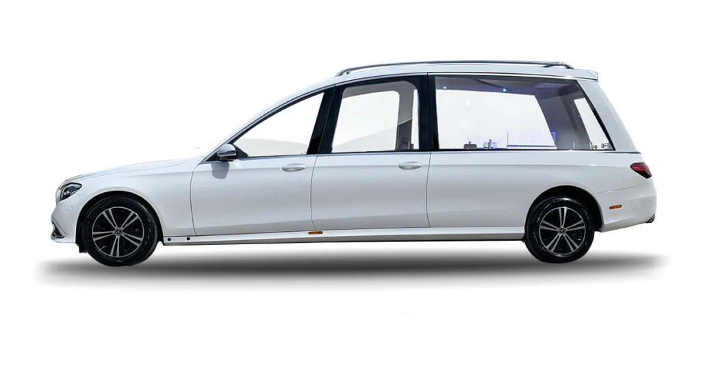 New funeral vehicles: Mercedes e-class hearse exterior