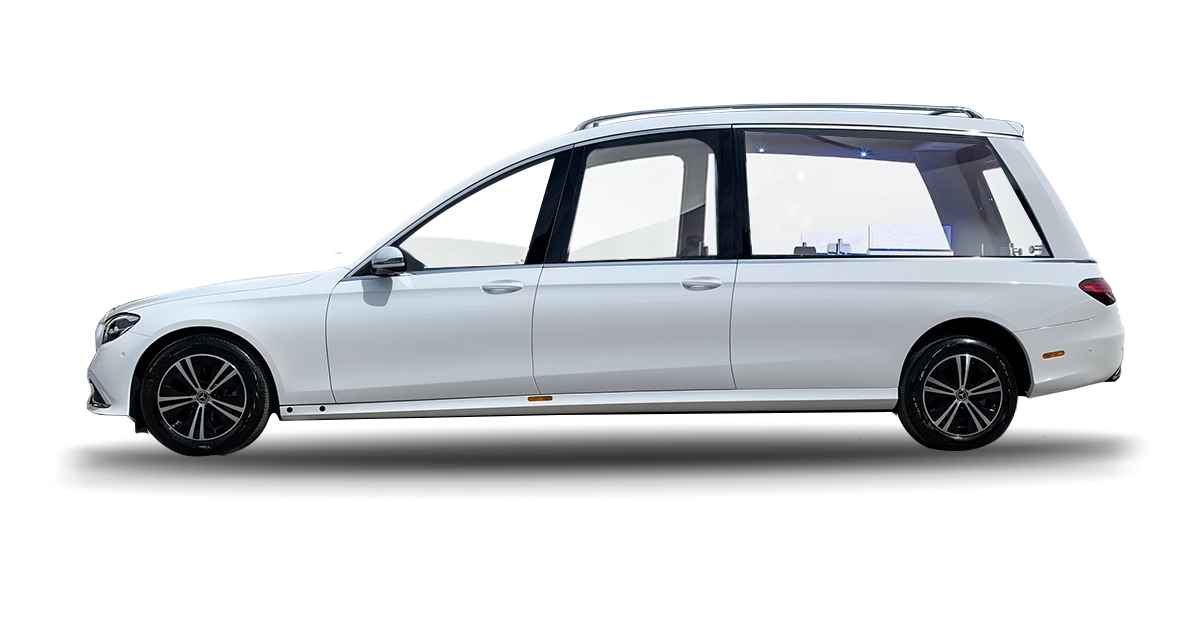 New funeral vehicles: Mercedes e-class hearse exterior